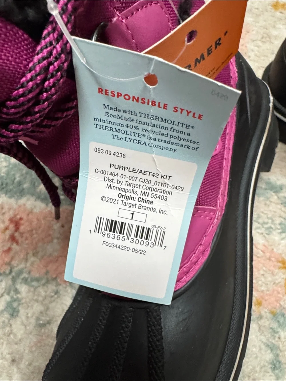 Cat & Jack Magenta and Black Kids Waterproof Snow Boots Size 1